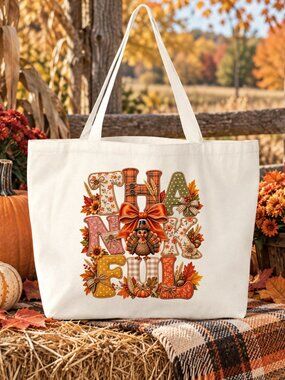 Thankful Bag Graphic Reusable Canvas Tote Bag Thanksgiving Fall Holiday